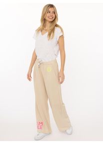 Sweathose Zwillingsherz "Alissa", Damen, Gr. L/XL, N-Gr, beige, Sweatware, Obermaterial: 50% Baumwolle, 50% Polyester, Hosen Sweathose, mit Print und Neon Stickerei, Kordel und Eingriffstaschen