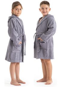 Kinderbademantel Bruno Banani "Danny, Ideal f&uuml;r Zuhause, Schwimmbad oder im Urlaub" Gr. 116, grau, L:72cm, Walkfrottee, Hausm&auml;ntel, Kinderbademantel, mit Logostreifen, aus 100% Baumwolle
