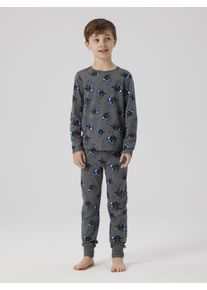 Pyjama name it "NKMNIGHTSET DARK GREY MEL SKULL NOOS", Jungen, Gr. 134/140, grau (dunkelgrau melange), Jersey, Obermaterial: 95% Baumwolle, 5% Elasthan, bedruckt, regular fit, Rundhals, Homewear-Sets Pyjama