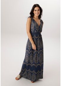 Sommerkleid Aniston SELECTED, Damen, Gr. 40, N-Gr, blau (marine, camel), Single Jersey, Obermaterial: 95% Viskose, 5% Elasthan, bedruckt, gemustert, figurumspielend, V-Ausschnitt, Kleider Sommerkleid, mit breiten Tr&auml;gern zum Raffen - NEUE KOLLEKTION, Topseller