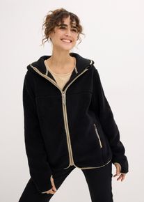 Fleecejacke bonprix, Damen, Gr. 44/46 (L), schwarz, Flanell, Obermaterial: 100% Polyester, kontrastfarbene Details, unifarben, unifarben mit Farbeins&auml;tzen, l&auml;ssig geschnitten h&uuml;ftbedeckend, eingefasste Kante mit Daumenl&ouml;chern, Jacken Fleecejacke, mit Kapuze, aus Teddy-Fleece, l&auml;ssige Passform, mit Stehkragen