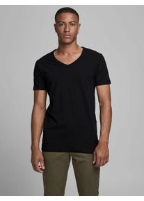 Jack & Jones T-Shirt JACK & JONES "SLIM- FIT BASIC TEE V-NECK", Herren, Gr. XL, schwarz, Jersey, Obermaterial: 92% Baumwolle, 8% Elasthan, unifarben, schmal h&uuml;ftbedeckend, V-Ausschnitt, Shirts T-Shirt, mit V-Ausschnitt