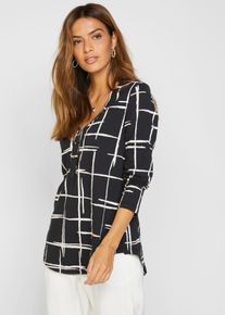 Blusenshirt bonprix, Damen, Gr. 48/50 (XL), schwarz (schwarz, wei&szlig;), Obermaterial: 95% Baumwolle, 5% Elasthan, figurumspielend, Shirts Blusenshirt, figurumspielende Passform, Longshirt-Design, mit gerundetem Saum