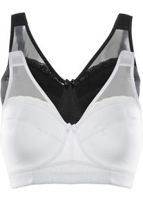 Entlastungs-BH bonprix, Damen, Gr. 110, Cup F, wei&szlig; (wei&szlig;, schwarz), Obermaterial: 86% Polyamid, 14% Elasthan. Futter: 100% Baumwolle. Spitze: 87% Polyamid, 13% Elasthan, unifarben, BHs Entlastungs-BH, im praktischen 2er-Pack, mit breiten, gepolsterten Tr&auml;gern