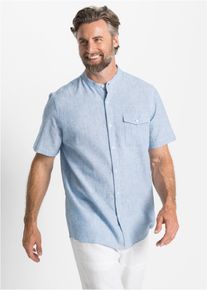 Kurzarmhemd bonprix, Herren, Gr. 43/44 (XL), N-Gr, blau (hellblau meliert), Obermaterial: 55% Leinen, 45% Baumwolle, meliert, regular fit, Hemden Kurzarmhemd, Regular fit, aus Leinen-Baumwolle-Mix, mit Stehkragen, Topseller