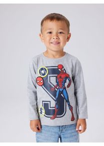 T-Shirt name it "NMMDEEP SPIDER LS NREG TOP BOX NOOS MAR", Jungen, Gr. 104, grau (grau melange), Jersey, Obermaterial: 95% Baumwolle, 5% Elasthan, bedruckt, meliert, unifarben, Basic normal, Rundhals, Shirts T-Shirt