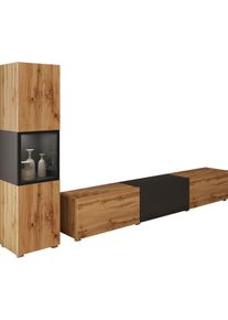 Wohnwand Home Affaire "BERLIN I, Vitrine T&uuml;rschlag links/rechts wechselbar", schwarz (eichefarbe votan, graphite schwarz matt, eichefarbe votan, graphite schwarz matt), B:220cm H:130cm T:33cm, ABS-Kunststoff, Glas, Hartfaserplatte, Kastenm&ouml;bel-Sets, Wohnwand, moderne grifflose Mediawand Breite 220 cm, Vitrine mit Verglasung