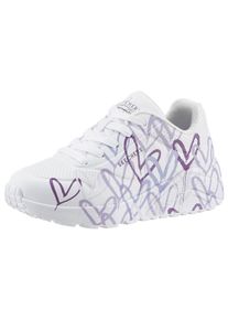 Sneaker Skechers "UNO LITE - SPREAD THE WORLD", M&auml;dchen, Gr. 28, lila (wei&szlig;, lila), Synthetik, Schuhe Sneaker, Schn&uuml;rschuh mit s&uuml;&szlig;em herzchen Print, Gr&ouml;&szlig;enschablone zum Download