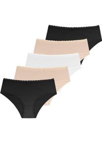 Hipster Dorina "Naomi", Damen, Gr. XS, 5 Stk., bunt (schwarz, beige, ivory), Single Jersey, Obermaterial: 95% Baumwolle, 5% Elasthan, unifarben, k&ouml;rpernah, Unterhosen Hipster, mit zarter Spitzenverzierung