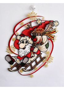 Fensterbild Stickereien Plauen "Weihnachtsmann mit Schlitten", bunt, B:25cm H:30cm, Polyester, Fensterbilder, Fensterbild