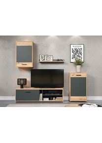 Wohnwand Inosign "Valetta inkl. TV-Kommode, H&auml;nge-Vitrine, Sideboard und Wandregal", schwarz (eiche und anthrazit), B:205cm H:180cm T:35cm, Holzwerkstoff, Kunststoff, Kastenm&ouml;bel-Sets, Wohnwand, inkl. Lowboard, H&auml;ngeschrank, Wandboard und Highboard