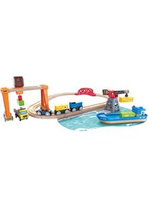 Spielzeug-Eisenbahn HAPE "Abladen und Aufladen im Hafen", bunt, Spielzeugfahrzeuge, KinderB:68,4cm H:17,9cm, Holz, Kunststoff, Metall, Spielzeug-Eisenbahn, B:68,4cm H:17,9cm