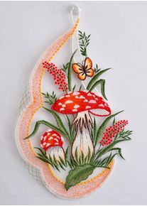 Fensterbild Stickereien Plauen "Pilze" Gr. 1, rot, B:20cm H:30cm, Polyester, Fensterbilder, Fensterbild, mit echter Plauener Spitze Stickerei