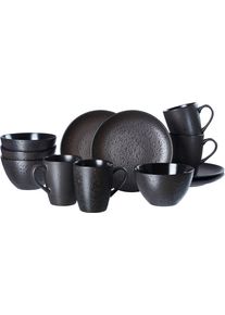 Ritzenhoff & Breker Fr&uuml;hst&uuml;cks-Geschirrset RITZENHOFF & BREKER "Service, Kitwe (Teller, Schale, Kaffeebecher)", schwarz, 12 Stk., Steinzeug, Geschirr-Sets, Fr&uuml;hst&uuml;cks-Geschirrset, seidenmatter Schwarzton mit Kupferstich, 12 Teile, f&uuml;r 4 Personen