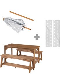 Garten-Kindersitzgruppe Roba "Outdoor+", braun (teakfarben), Sitzm&ouml;bel-Sets, Kinder, B/H/T: 107cm x 155cm x 106cm, Massivholz, Garten-Kindersitzgruppe, Tisch und 2 B&auml;nke mit Sitzauflage, Schirmset, B:107cm H:155cm T:106cm