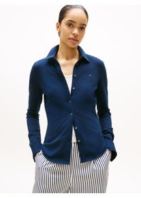 Langarmbluse Tommy Hilfiger "SLIM PIQUE", Damen, Gr. XS (34), blau (schwarz night navy), Web, Obermaterial: 96% Baumwolle, 4% Elasthan, unifarben, slim fit normal, Rundhals, Blusen Langarmbluse, Baumwollmischung, slim fit