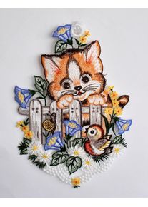 Fensterbild Stickereien Plauen "Katze am Zaun", bunt, B:20cm H:29cm, Polyester, Fensterbilder, Fensterbild