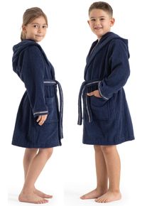 Kinderbademantel Bruno Banani "Danny, Ideal f&uuml;r Zuhause, Schwimmbad oder im Urlaub" Gr. 140, blau (marine), L:91cm, Walkfrottee, Hausm&auml;ntel, Kinderbademantel, mit Logostreifen, aus 100% Baumwolle
