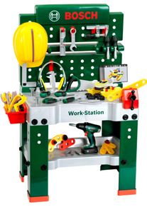Spielwerkbank klein "BOSCH-Workstation Mega, mit Handwerker Set", bunt, Rollenspielzeug, KinderB:61cm H:101cm T:45cm, Kunststoff, Spielwerkbank, mit BOSCH Akkuschrauber; Made in Germany, B:61cm H:101cm T:45cm