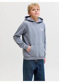Jack & Jones Kapuzensweatshirt JACK & JONES JUNIOR "JORNORREBRO TYPO BACK SWEAT HOOD SN JNR", Jungen, Gr. 152, grau (tradewinds), angeraute Sweatware, Obermaterial: 89% Baumwolle, 11% Polyester, bedruckt, relaxed fit normal, Rundhals, Rippb&uuml;ndchen, Sweatshirts Kapuzensweatshirt, Baumwollmischung, relaxed fit, Langarm