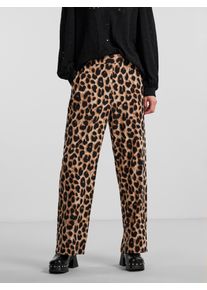 Schlupfhose Pieces "PCGURLA HW PANTS WVN NOOS BC", Damen, Gr. M (38), N-Gr, braun (schwarz aop:leo), Web, Obermaterial: 95% Polyester, 5% Elasthan, bedruckt, regular fit lang, Hosen Schlupfhose, mit Leo Muster