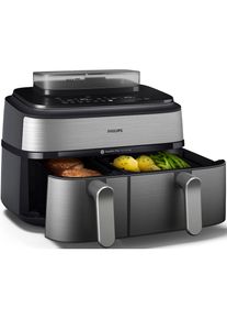 Philips, Hei&szlig;luftfritteuse &raquo;NA555/00 Steam Airfryer 5000 Series Dual Basket, 9L Kapazit&auml;t (3L+6L)&laquo; 2750 W mit Dampfgar-Funktion; Silber/Edelstahl, 