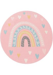 Paco Home, Kinderteppich &raquo;Nino 887&laquo; rund 13 mm H&ouml;he Kurzflor, Spielteppich, Motiv Regenbogen & Herzen, Kinderzimmer, pink, Polypropylen, &Oslash; 200 cm 1 