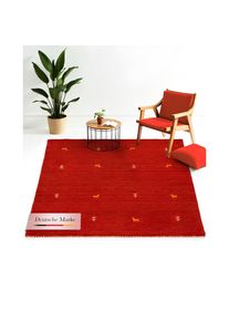 CarpetFine, Wollteppich &raquo;Gabbeh-Uni&laquo; quadratisch 15 mm H&ouml;he reine Wolle, handgewebt, Gabbeh Loom Tiermotiv, Sonderform Quadrat, rot, Wolle, B : 200 cm