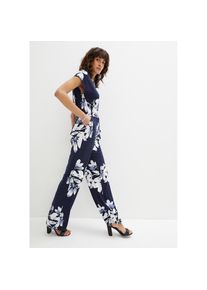 bonprix, Damen, Jumpsuit &raquo;Jumpsuit mit Bindeband&laquo; f&uuml;r eleganten Look, mit Bindeband zur Taillenanpassung, dunkelblau/wei&szlig; gebl&uuml;mt, N-Gr, 56/58 (XXXL) 