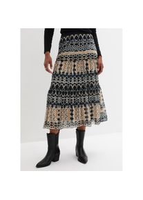 bonprix, Damen, Stufenrock &raquo;Stufenrock&laquo; aus leichtem Materialmix, mit elastischem Bund, lockerer Schnitt, nachtblau/kieselbeige bedruckt, 52/54 (XXL),