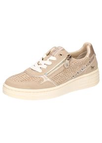 Mustang Shoes, Damen, Sneaker , Plateausneaker, Schn&uuml;rschuh mit Glitzernieten, beige-taupe-goldfarben, 39, Modischer Sneaker in Strick-Optik