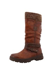 Mustang Shoes, Damen, Winterstiefel &raquo;Tabitha&laquo; Stiefel mit Zierriemchen und Blockabsatz, cognac, 36, Modischer Stiefel mit w&auml;rmendem Textilkragen