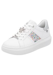 RIEKER Sport, Damen, Plateausneaker mit stylischen Metallic-Details, Freizeitschuh, Halbschuh, Schn&uuml;rschuh, wei&szlig; multi-Schmucklibelle, 36, Sneaker mit