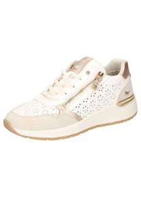 Mustang Shoes, Damen, Sneaker , Runners Sneaker, Plateausneaker mit Au&szlig;enrei&szlig;verschluss, wei&szlig;-goldfarben, 40, Eyecatcher von Mustang - perfekt f&uuml;r den