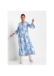 bonprix, Damen, Maxikleid &raquo;Maxikleid aus flie&szlig;ender Viskose&laquo; f&uuml;r modischen Auftritt, aus Viskose, A-Linie, 3/4-&Auml;rmel, mittelblau/wei&szlig; gebl&uuml;mt, N-Gr, 