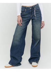 Low-rise-Jeans Tally Weijl "SPADEPALLAS", Damen, Gr. 36, N-Gr, midschwarz indigowash dirtybeige, Denim/Jeans, Obermaterial: 69% Baumwolle, 30% Lyocell, 1% Elasthan, Abriebeffekte, straight fit lang, Jeans Low-rise-Jeans, Baumwollmischung, Low-Waist mit geradem Beinverlauf und Strass-Anh&auml;nge