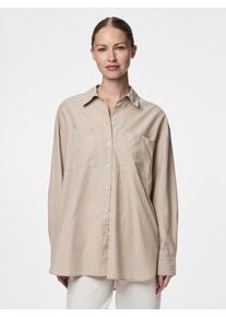 Hemdbluse Pieces "PCMELIA LS LOOSE SHIRT WVN NOOS BC", Damen, Gr. S, beige (crockery stripes:thin hellwei&szlig;), Web, Obermaterial: 55% Polyester, 45% Baumwolle, gestreift, loose fit Po-bedeckend, Blusen Hemdbluse, mit abgerundetem Saum