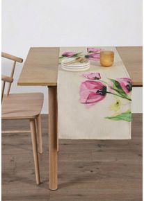 Tafelloper met tulpprint - roze - maat 30x180 cm - bonprix