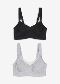 Reggiseno allattamento senza ferretto con cotone biologico e pizzo (pacco da 2), Grigio, Taglia 90D, bonprix