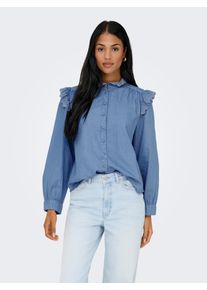 Jeansbluse Only "ONLPIPER L/S EMB FRILL DNM SHIRT QYT", Damen, Gr. M, blau (medium blau denim), Web, Obermaterial: 65% Baumwolle, 35% Lyocell, unifarben, regular fit normal, Blusen Jeansbluse, mit R&uuml;schen