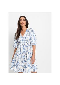 bonprix, Damen, Minikleid f&uuml;r eleganten Look, aus Baumwolle, A-Linie Passform, Kurzarm-Design, weiss / hellblau floral, 42 - N-Gr, Minikleid im 
