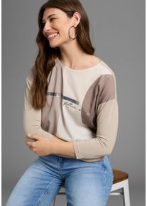Shirtbluse Laura Scott, Damen, Gr. 36, beige, Web, Obermaterial: 100% Polyester. R&uuml;ckenteil: 95% Viskose, 5% Elasthan, leicht gl&auml;nzend, mehrfarbig, metallic, l&auml;ssig geschnitten h&uuml;ftlang, Rundhals, abgesteppte Kante, Blusen Shirtbluse, im Materialmix mit Folienprint