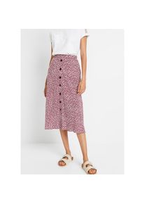 bonprix, Damen, Sommerrock aus Viskose, ausgestellte Passform, grafisches Muster, mit Gummizug, dunkelbeere/wei&szlig; leo bedruckt, 52, Midi-Viskoserock 