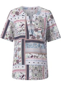 Damen Kurzarmbluse in Patchwork-Optik ecru-flieder-bedruckt Gr&ouml;&szlig;e 52