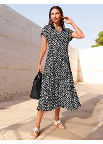 Dames Jurk met print en pliss&eacute;plooien in zwart/champagne bedrukt ,maat 36, WITT, 100% Polyester