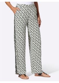 Dames Broek met print en galonstrepen in champagne/zwart bedrukt ,maat 38, WITT, 100% Viscose