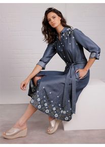 CREATION L PREMIUM Dames Geweven jurk met bloemenborduursel in blue-stonewashed ,maat 36, Witt, 100% Lyocell