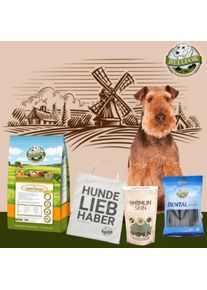 Specielt s&aelig;t til Airedale Terrier - Wiesen-Schmaus + Dental Sticks + Shiimun Skin Pulver + Jutetaske