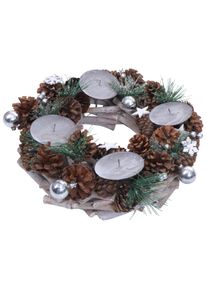 Adventskranz HWC-M15, Adventsgesteck Tischkranz Weihnachtsdeko Tischdeko, Holz MVG silber &Oslash; 32cm ~ ohne Kerzen