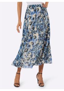 Dames Pliss&eacute;rok met comfortband rondom in Champagne-koningsblauw-bedrukt ,maat 38, WITT, 100% Polyester